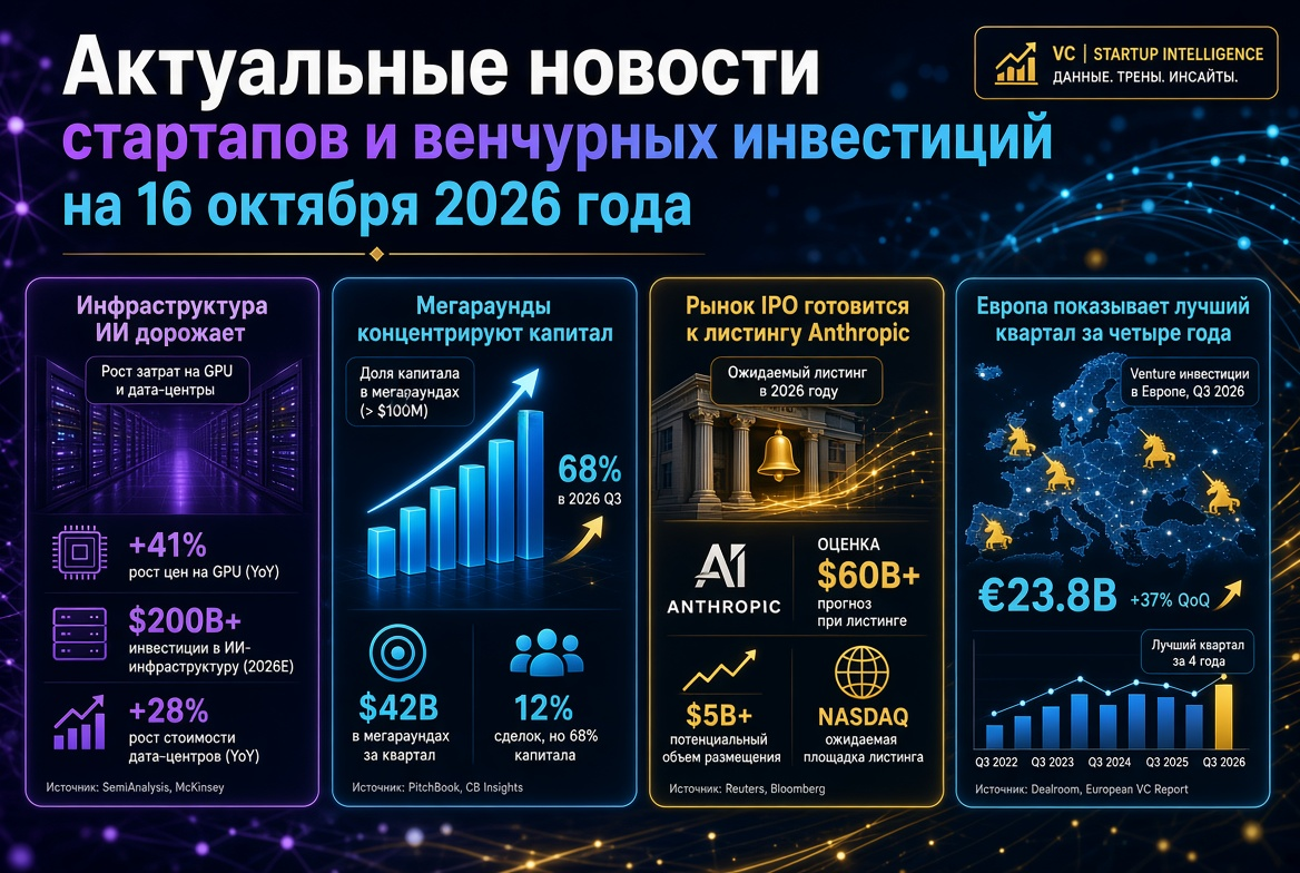 Aktuelle Nachrichten zu Startups und Risikokapitalinvestitionen am 16. Oktober 2026: KI-Infrastruktur wird teurer, Megarunden konzentrieren Kapital, der IPO-Markt bereitet sich auf das Listing von Anthropic vor, und Europa verzeichnet das beste Quartal se