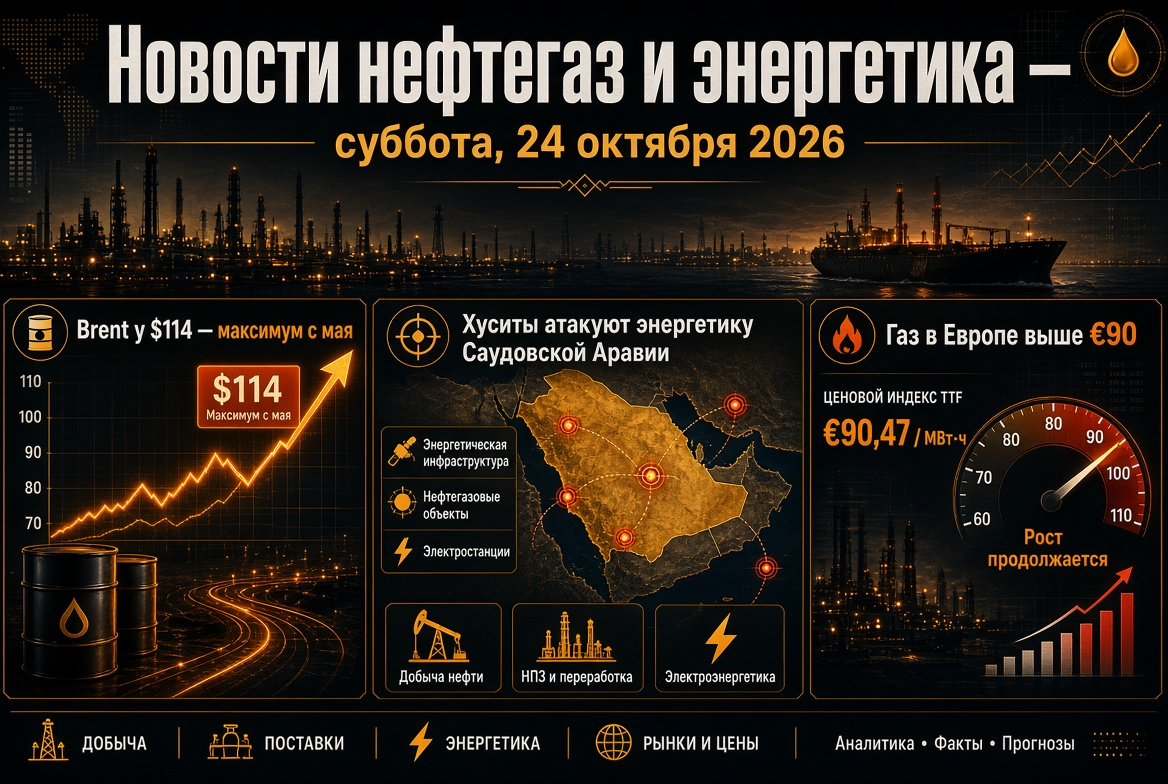Nachrichten über Öl und Gas — Samstag, 24. Oktober 2026: Brent bei 114 USD — Höchststand seit Mai, Huthis greifen die Energieversorgung Saudi-Arabiens an, Gas in Europa über 90 EUR.
