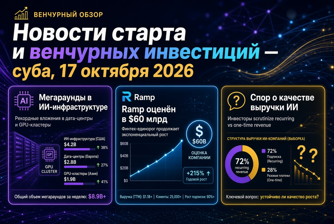 Nachrichten über Startups und Venture Capital — Samstag, 17. Oktober 2026: Megarunden in der KI-Infrastruktur, Ramp bewertet mit 60 Milliarden USD und Kontroversen über die Qualität der Einnahmen der KI.