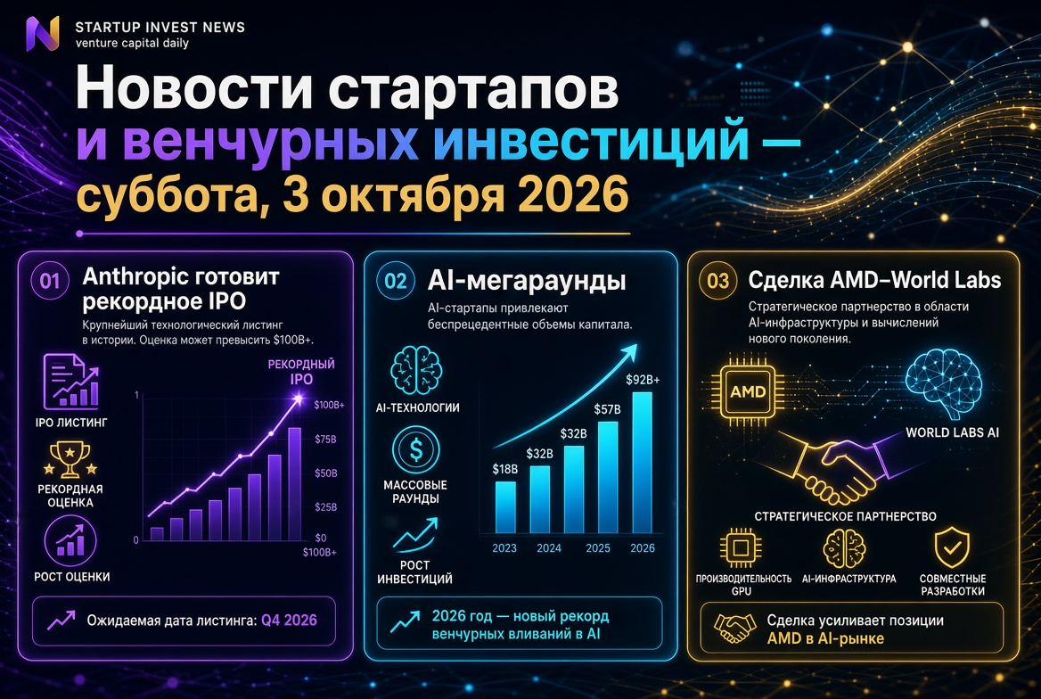 Nachrichten über Startups und Venture Capital — Samstag, 3. Oktober 2026: Anthropic bereitet Rekord-IPO vor, AI-Megafonds und der Deal zwischen AMD und World Labs