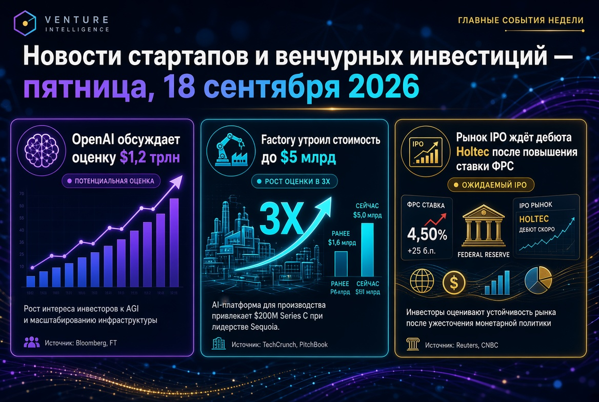Nachrichten über Startups und Risikokapital — Freitag, 18. September 2026: OpenAI diskutiert Bewertung von 1,2 Billionen US-Dollar, Factory verdreifacht Wert auf 5 Milliarden US-Dollar, IPO-Markt wartet auf Debüt von Holtec nach Zinserhöhung der Fed.