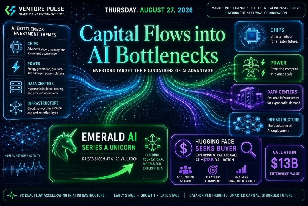 Nachrichten über Startups und Wagniskapital — Donnerstag, 27. August 2026: Kapital fließt in "Engpässe" der KI, Emerald AI wurde zum Einhorn in der Series A und Hugging Face sucht einen Käufer für 13 Milliarden USD.