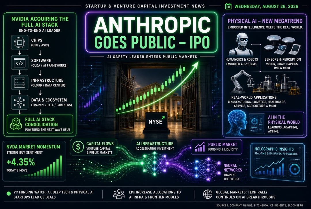 Neuigkeiten zu Startups und Venture Capital - Mittwoch, 26. August 2026: Anthropic geht an die Börse, Nvidia kauft den gesamten AI-Stack, während physische KI zum neuen Megatrend wird.
