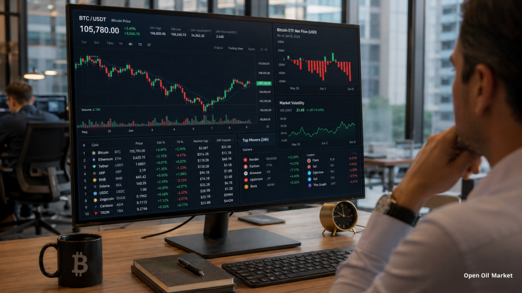 Kryptowährungsnachrichten, Dienstag, 9. Juni 2026: Bitcoin stabilisiert den Markt nach Rückgang, während Investoren ETF-Abflüsse, Stablecoins und die Top-10-Digitalassets bewerten.