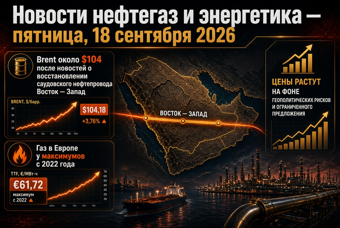 Nachrichten über Öl und Gas sowie Energie - Freitag, 18. September 2026: Brent etwa 104 USD nach Nachrichten über die Wiederherstellung der saudischen Pipeline Ost-West, Gas in Europa bei Höchstständen seit 2022