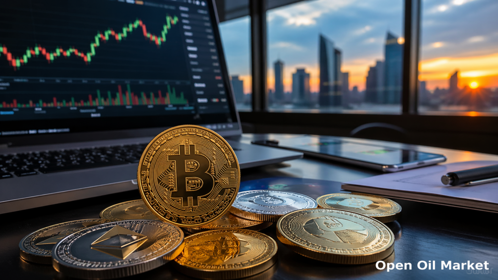 Neuigkeiten über Kryptowährungen 24. April 2026 — Diagramme von Bitcoin und digitalen Vermögenswerten im Kontext des Finanzzentrums