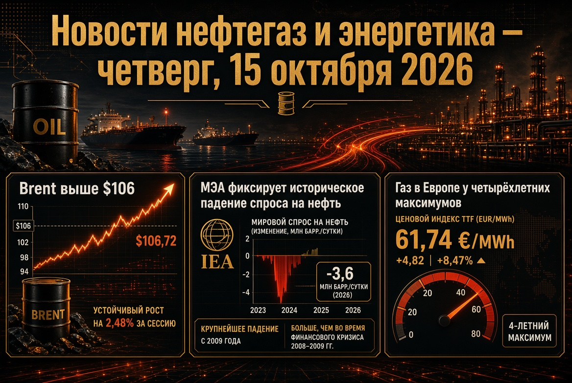 Nachrichten Öl und Gas und Energiewirtschaft — Donnerstag, 15. Oktober 2026: Brent über 106 USD, IEA verzeichnet historischen Rückgang der Ölnachfrage, Gas in Europa auf Vierjahreshoch
