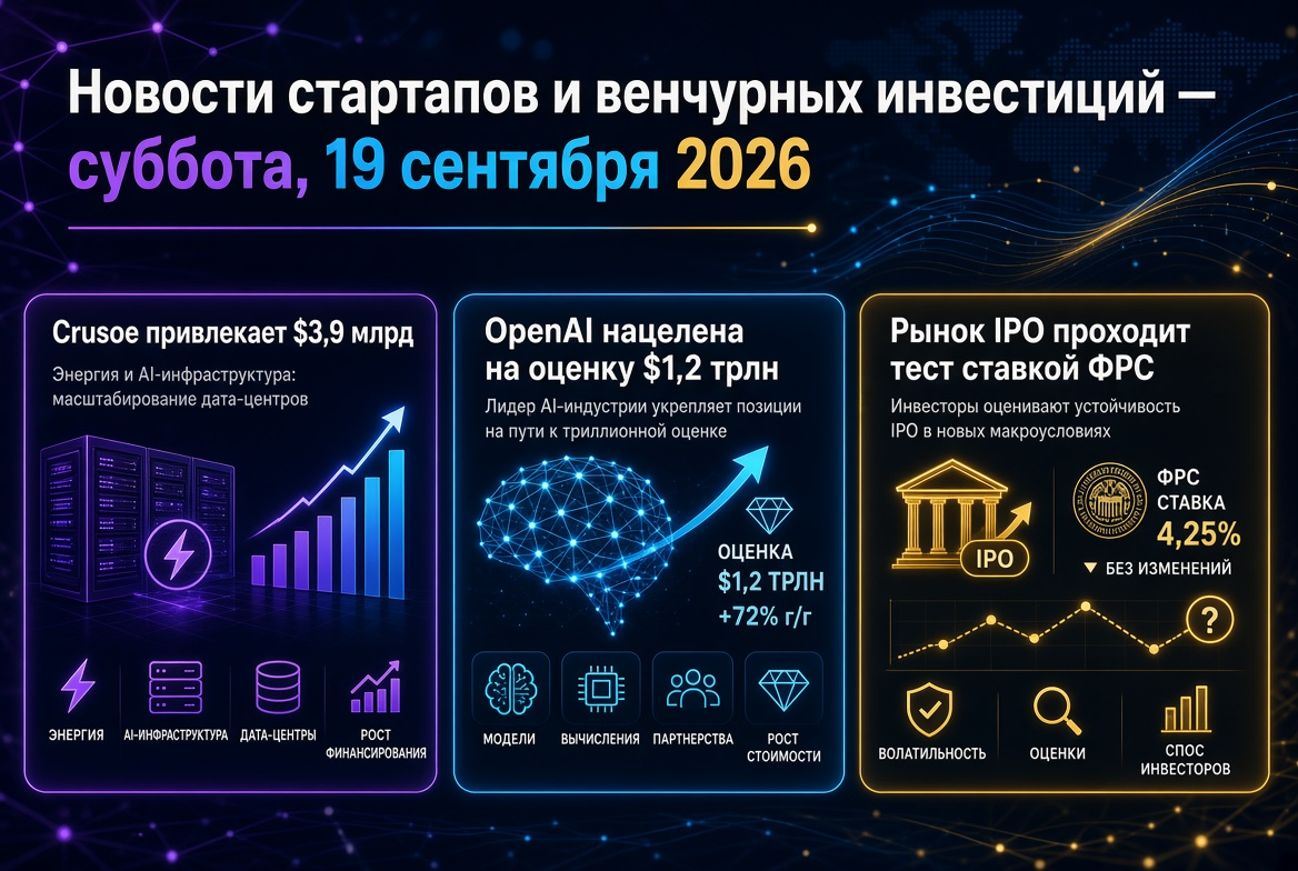 Neuigkeiten aus der Startup- und Venture Capital-Welt — Samstag, 19. September 2026: Crusoe sammelt 3,9 Milliarden Dollar, OpenAI zielt auf eine Bewertung von 1,2 Billionen Dollar, der IPO-Markt wird durch den Fed-Zinssatz getestet.