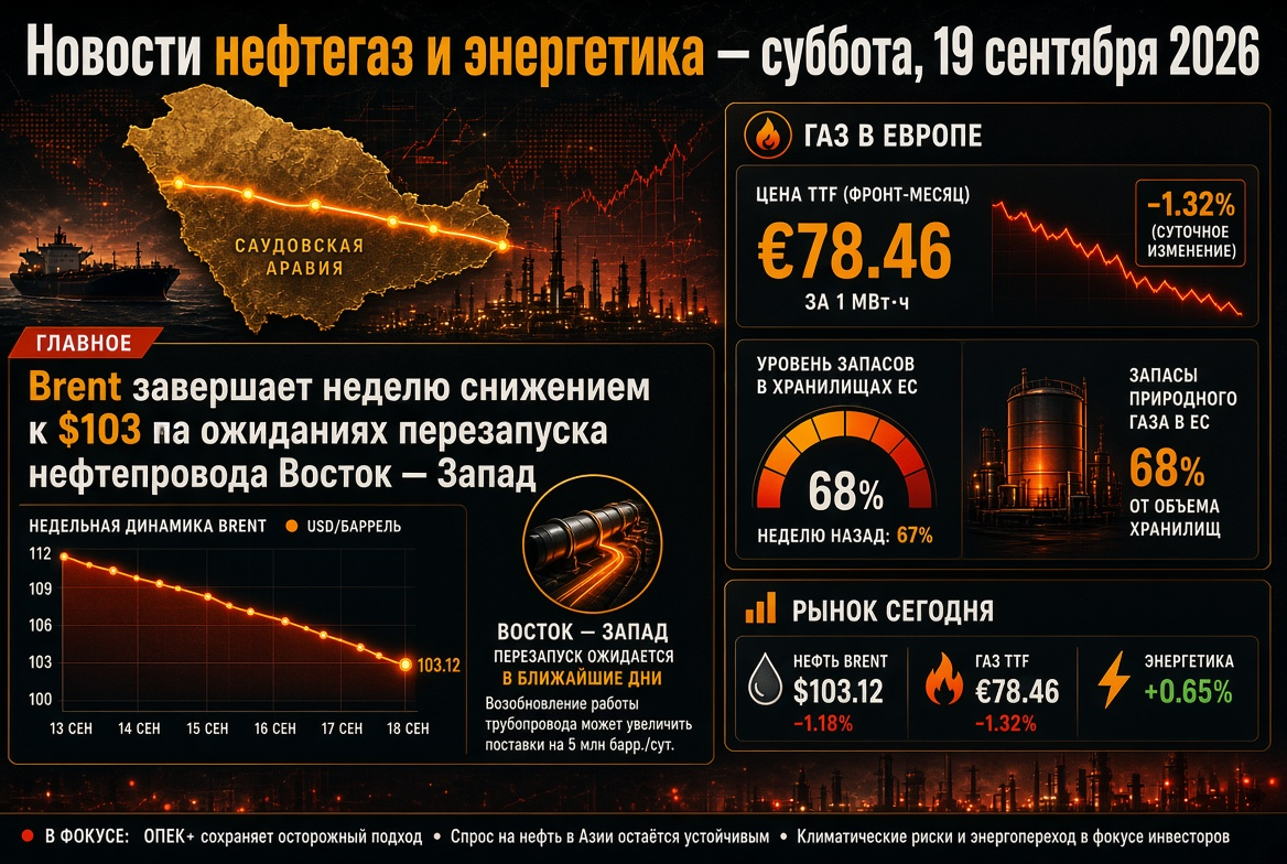 Nachrichten Öl und Gasindustrie sowie Energie - Samstag, 19. September 2026: Brent schließt die Woche mit einem Rückgang auf $103 aufgrund der Erwartungen an einen Neustart der Ost-West-Pipeline, Gas in Europa bei etwa €78 bei 68% Lagerstand.
