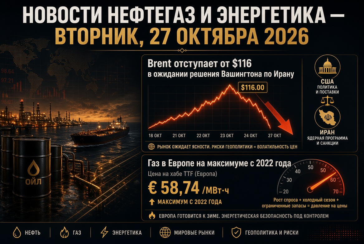 Nachrichten Öl und Gas und Energie - Dienstag, 27. Oktober 2026: Brent fällt von 116 $ in Erwartung der Entscheidung Washingtons zu Iran, Gas in Europa auf Höchststand seit 2022