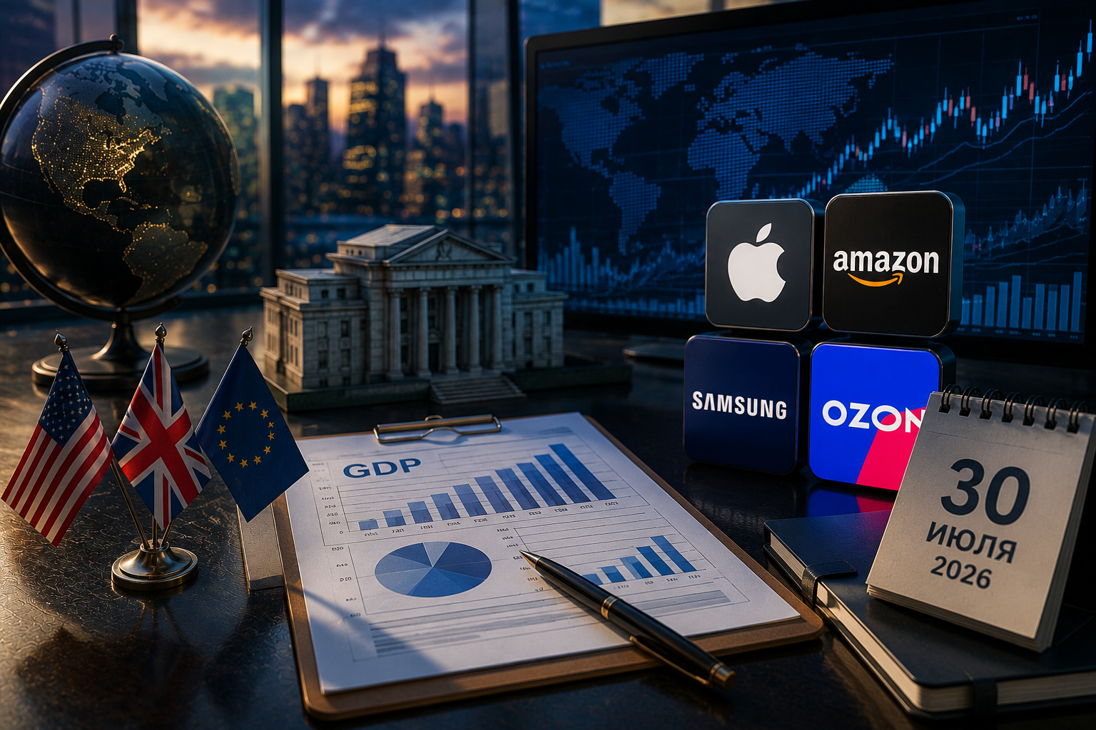 Wirtschaftliche Ereignisse und Unternehmensberichte: Donnerstag, 30. Juli 2026 – US-BIP, Entscheidung der Bank von England, Berichte von Apple, Amazon, Samsung und Ozon.