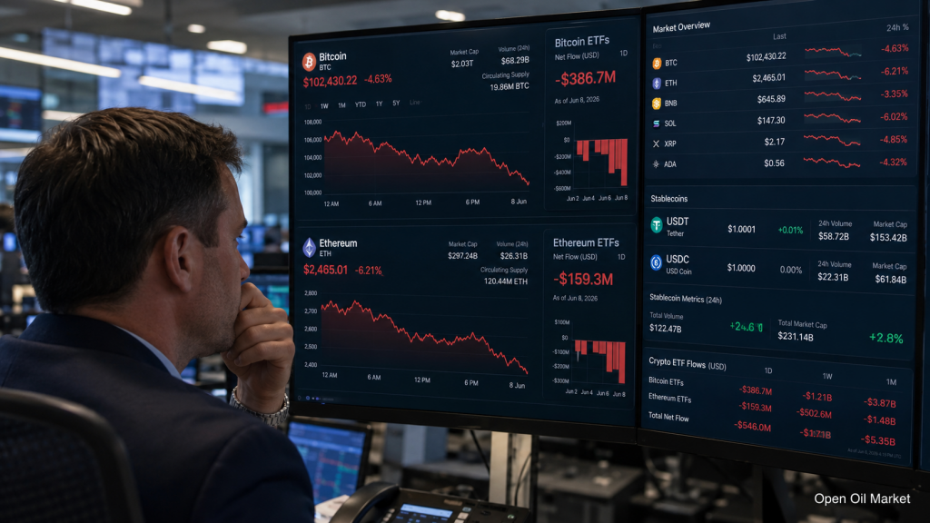 Kryptowährungsmarkt 8. Juni 2026: Bitcoin unter Druck, Ethereum rückläufig, Stablecoins festigen Positionen