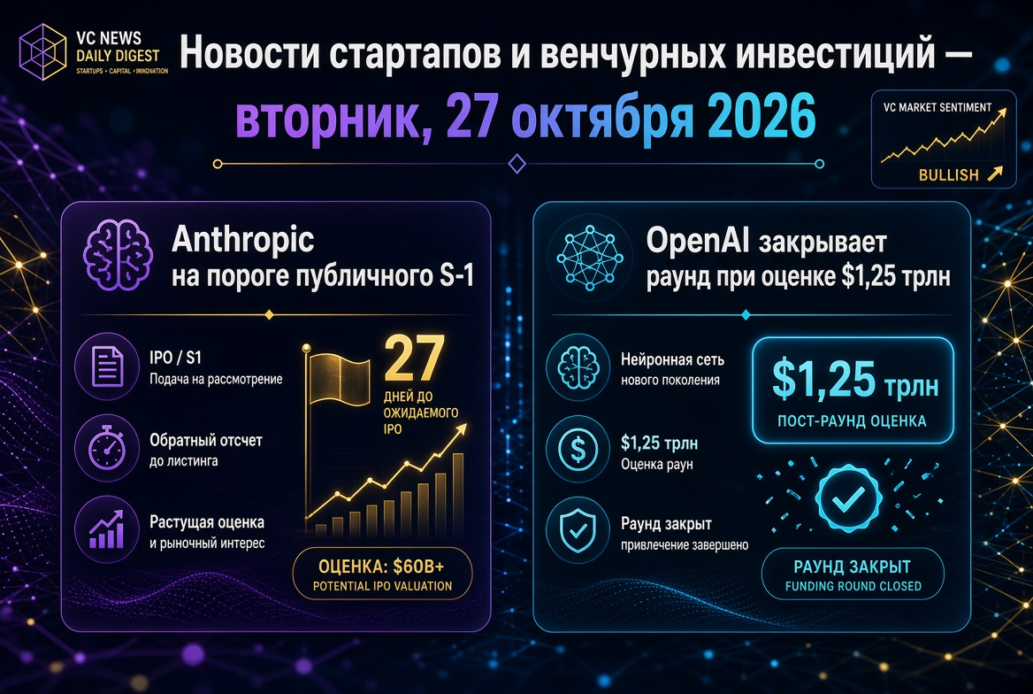 Nachrichten über Startups und Venture Investments — Dienstag, 27. Oktober 2026: Anthropic an der Schwelle zum öffentlichen S-1, OpenAI schließt Runde bei Bewertung von 1,25 Billionen USD
