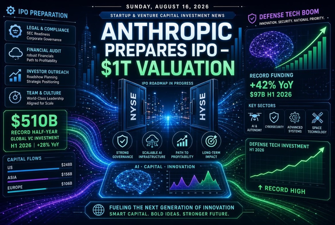 Nachrichten über Startups und Venture Capital – Sonntag, 16. August 2026: Anthropic bereitet IPO über 1 Billion USD vor, Rekordbetrag von 510 Mrd. USD im ersten Halbjahr und Boom in der Rüstungsindustrie