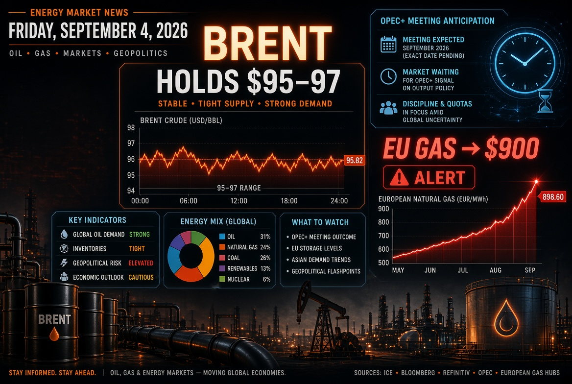 Öl- und Gasnachrichten — Freitag, 4. September 2026: Brent hält sich bei 95–97 USD in Erwartung des OPEC+-Treffens, Gas in Europa stürmt auf 900 USD