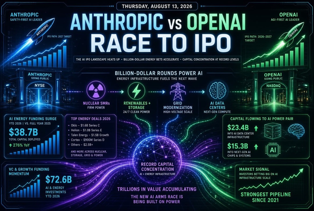 Nachrichten über Startups und Venture Capital — Donnerstag, 13. August 2026: Rennen von Anthropic und OpenAI zur Börse, milliardenschwere Runden in der Energie für KI und rekordverdächtige Kapitalakkumulation.