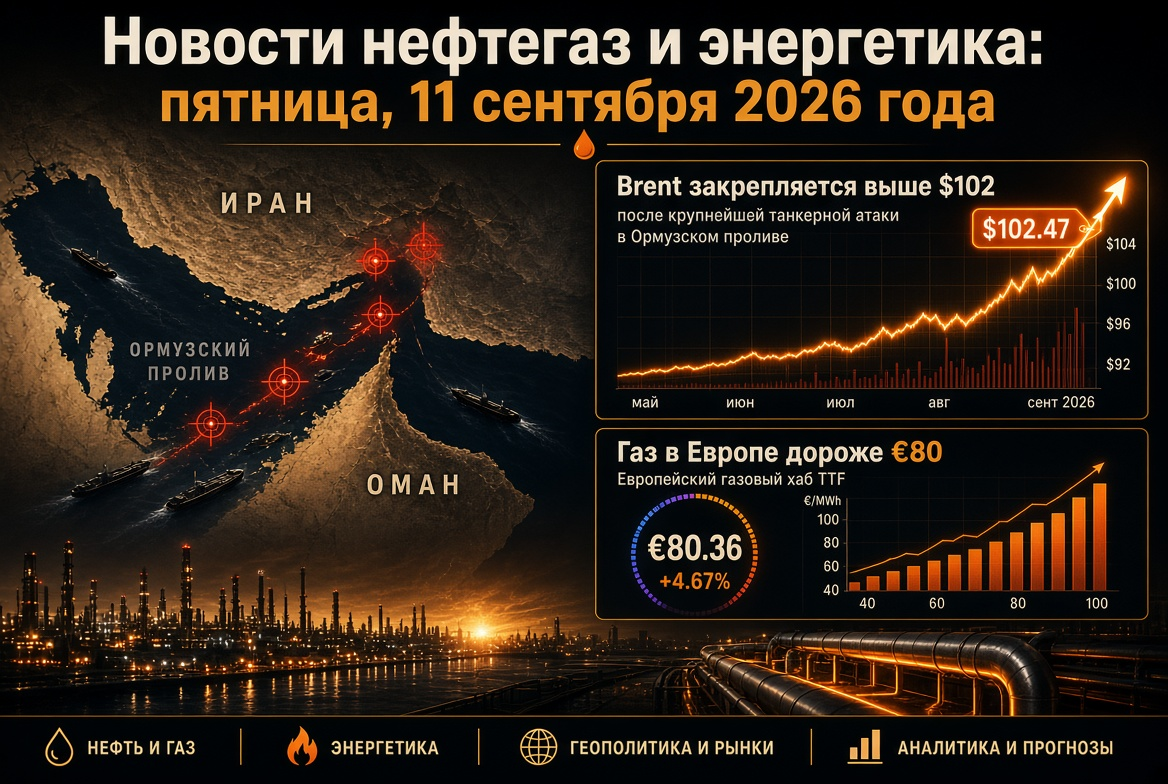 Nachrichten aus der Öl- und Gasindustrie: Freitag, der 11. September 2026 – Brent stabilisiert sich über 102 Dollar nach dem größten Tankerangriff in der Straße von Hormuz, Gas in Europa teurer als 80 Euro.