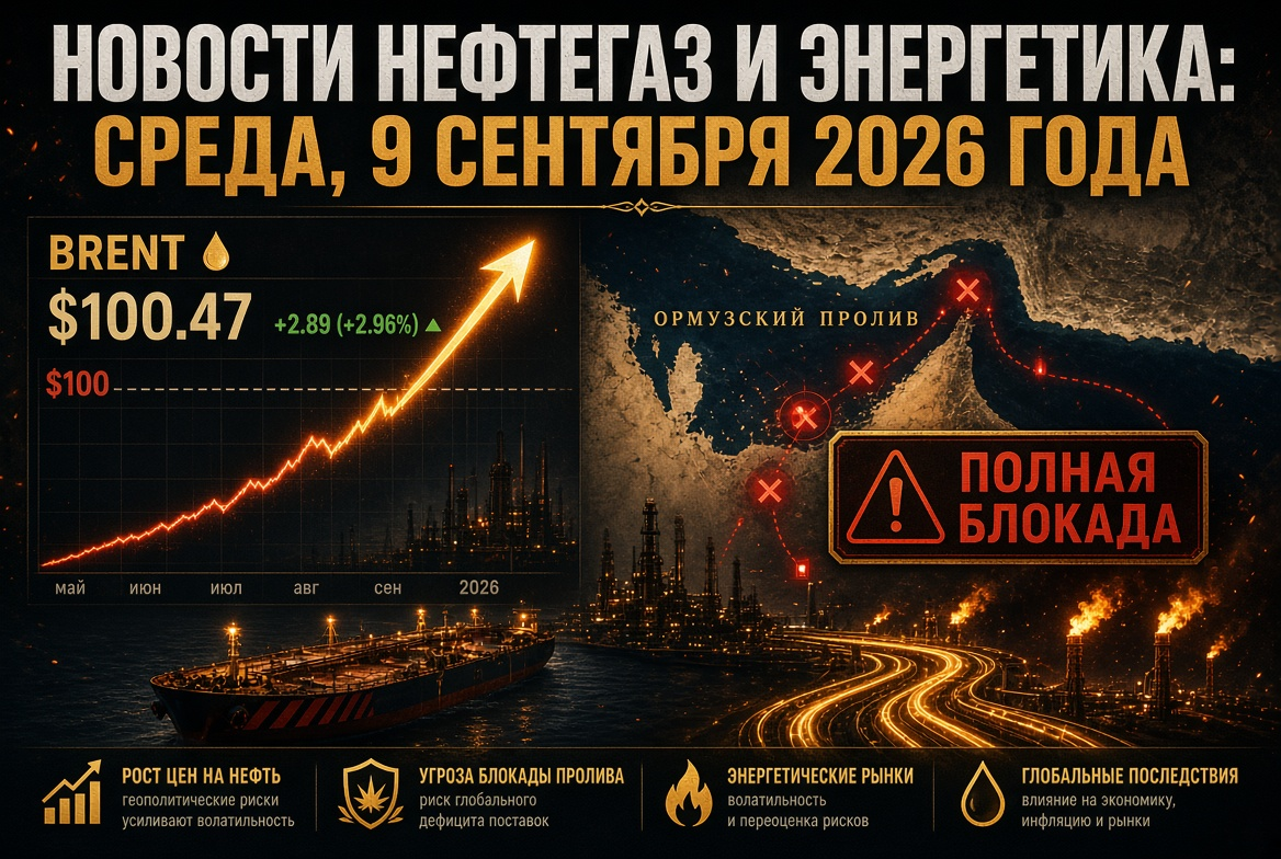 Nachrichten Öl und Gas: Mittwoch, 9. September 2026 — Brent stürmt auf $100 vor der Drohung einer vollständigen Blockade der Straße von Hormuz