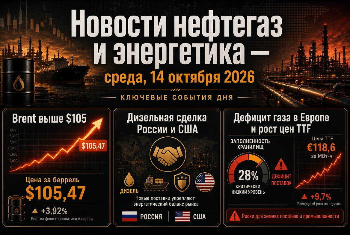 Nachrichten aus Öl- und Gasindustrie und Energie — Mittwoch, 14. Oktober 2026: Brent über 105 USD, Dieselgeschäft zwischen Russland und den USA, Gasmangel in Europa.