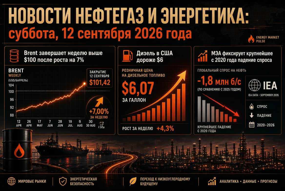 Nachrichten Erdöl und Energie: Samstag, 12. September 2026 – Brent schließt die Woche über 100 $ nach einem Anstieg von 7 %, Diesel in den USA teurer als 6 $, IEA verzeichnet größten Rückgang der Nachfrage seit 2020