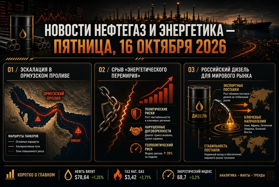 Nachrichten über Öl und Gas sowie Energie — Freitag, 16. Oktober 2026: Eskalation in der Hormuz-Straße, Bruch des "Energie-Waffenstillstands" und russischer Diesel für den Weltmarkt