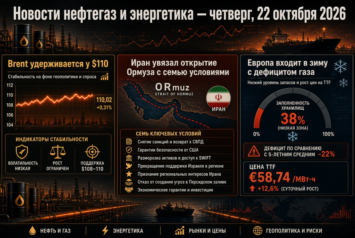 Nachrichten über Öl und Gas sowie Energie – Donnerstag, 22. Oktober 2026: Brent bleibt bei 110 $, Iran verknüpft die Öffnung von Hormus mit sieben Bedingungen, Europa geht mit einem Gasmangel in den Winter.
