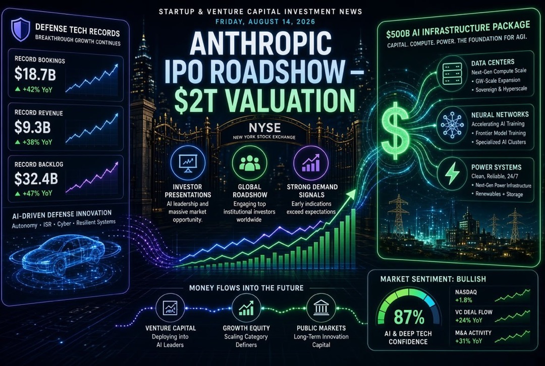 Nachrichten über Startups und Risikokapital — Freitag, den 14. August 2026: Roadshow IPO Anthropic über 2 Billionen USD, Paket von 500 Milliarden USD für AI-Infrastruktur und Rekorde in der Verteidigungstechnologie.