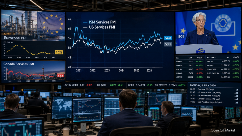Wirtschaftskalender für den 6. Juli 2026: ISM Services PMI USA, PPI der Eurozone, PMI Kanada, Rede der EZB-Präsidentin Christine Lagarde und Reaktionen der Investoren