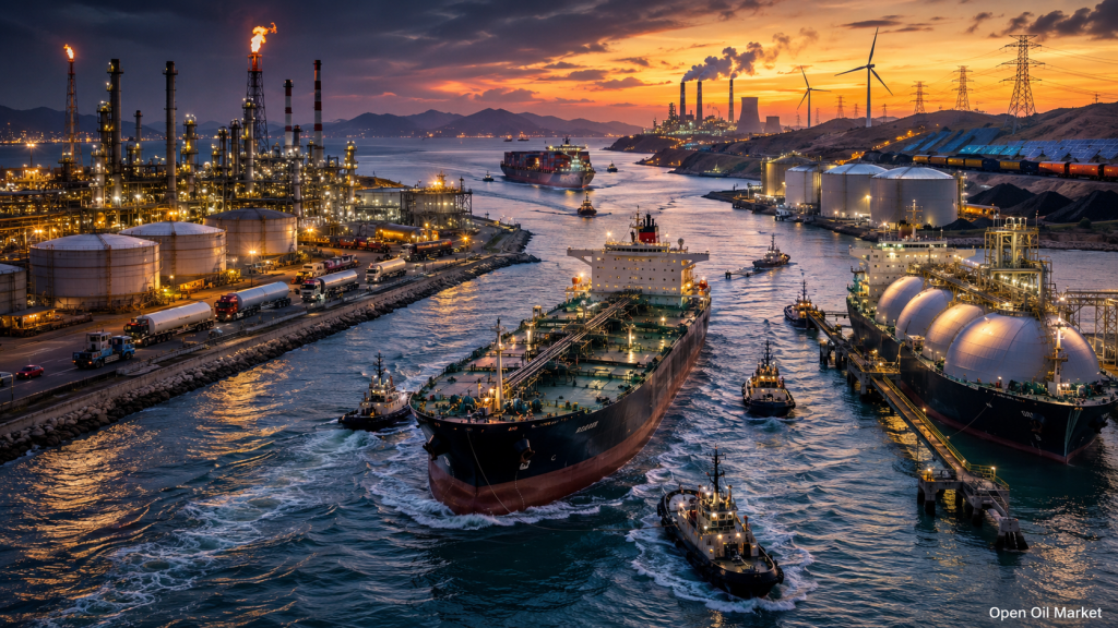 Weltmarkt für Energie und Rohstoffe am 19. Juli 2026: Öltanker, LNG-Terminal, Raffinerie, Kraftwerke, erneuerbare Energien und Koh logistics