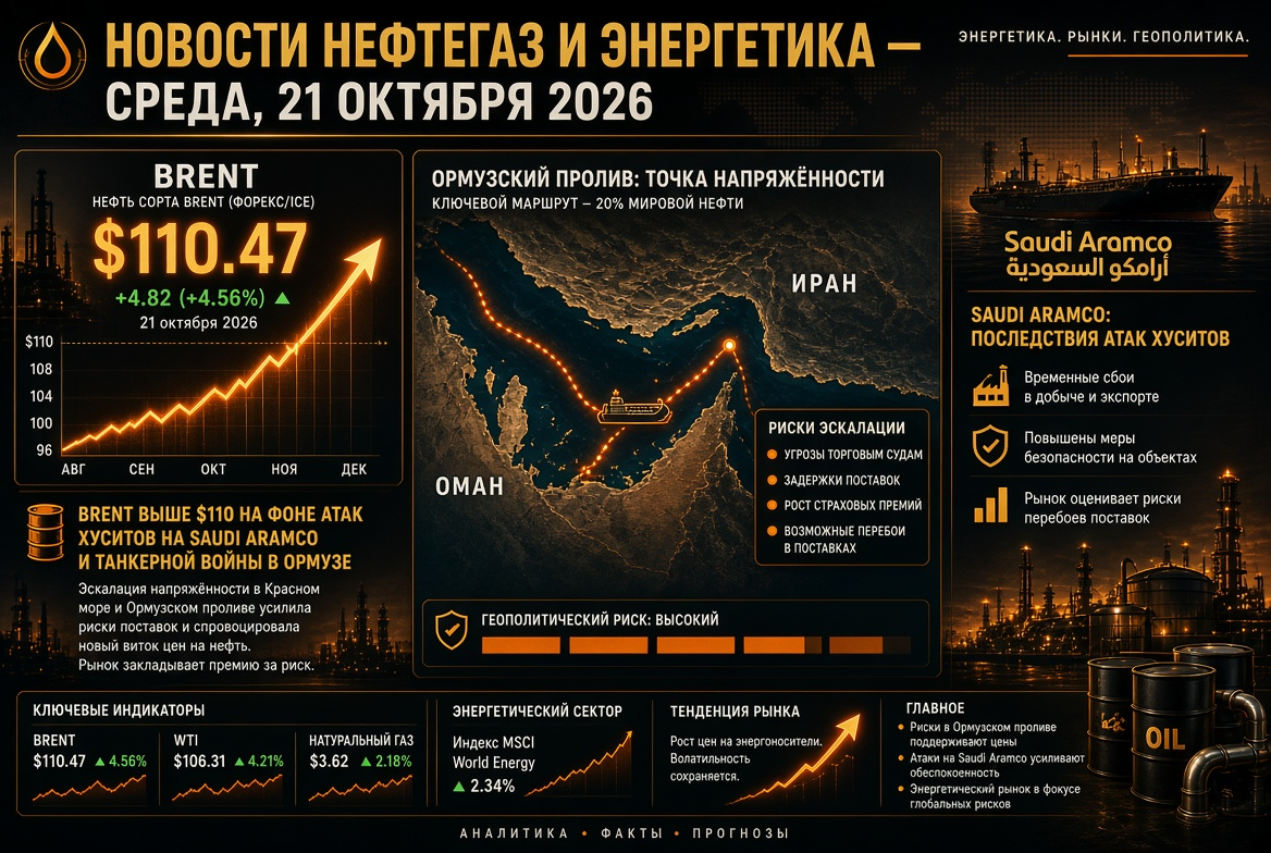 Nachrichten über Öl und Gas – Mittwoch, 21. Oktober 2026: Brent über 110 $ aufgrund der Angriffe der Huthi auf Saudi Aramco und des Tankerkriegs im Hormus