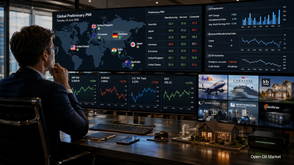 Wirtschaftliche Ereignisse und Unternehmensberichte: Dienstag, 23. Juni 2026 — Globale PMIs, US-Arbeitsmarkt, FedEx, Carnival und KB Home