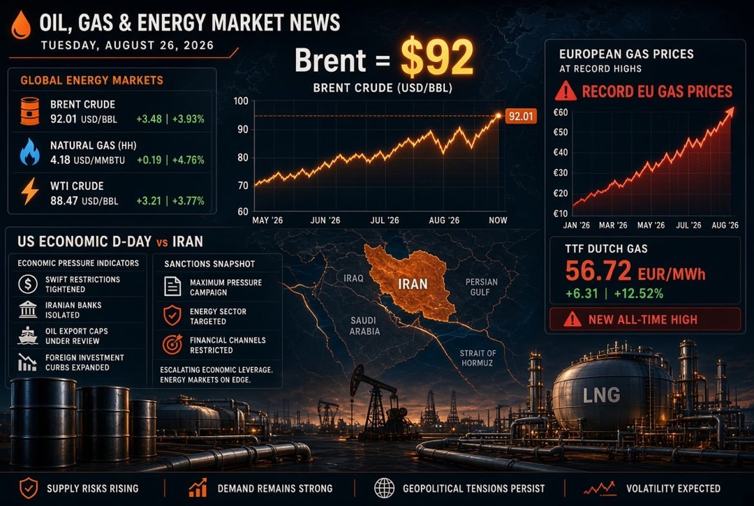 Nachrichten über Öl, Gas und Energie – Dienstag, 26. August 2026: „wirtschaftlicher D-Day“ der USA gegen den Iran, Brent bei 92 $ und Rekordpreise für Gas in Europa