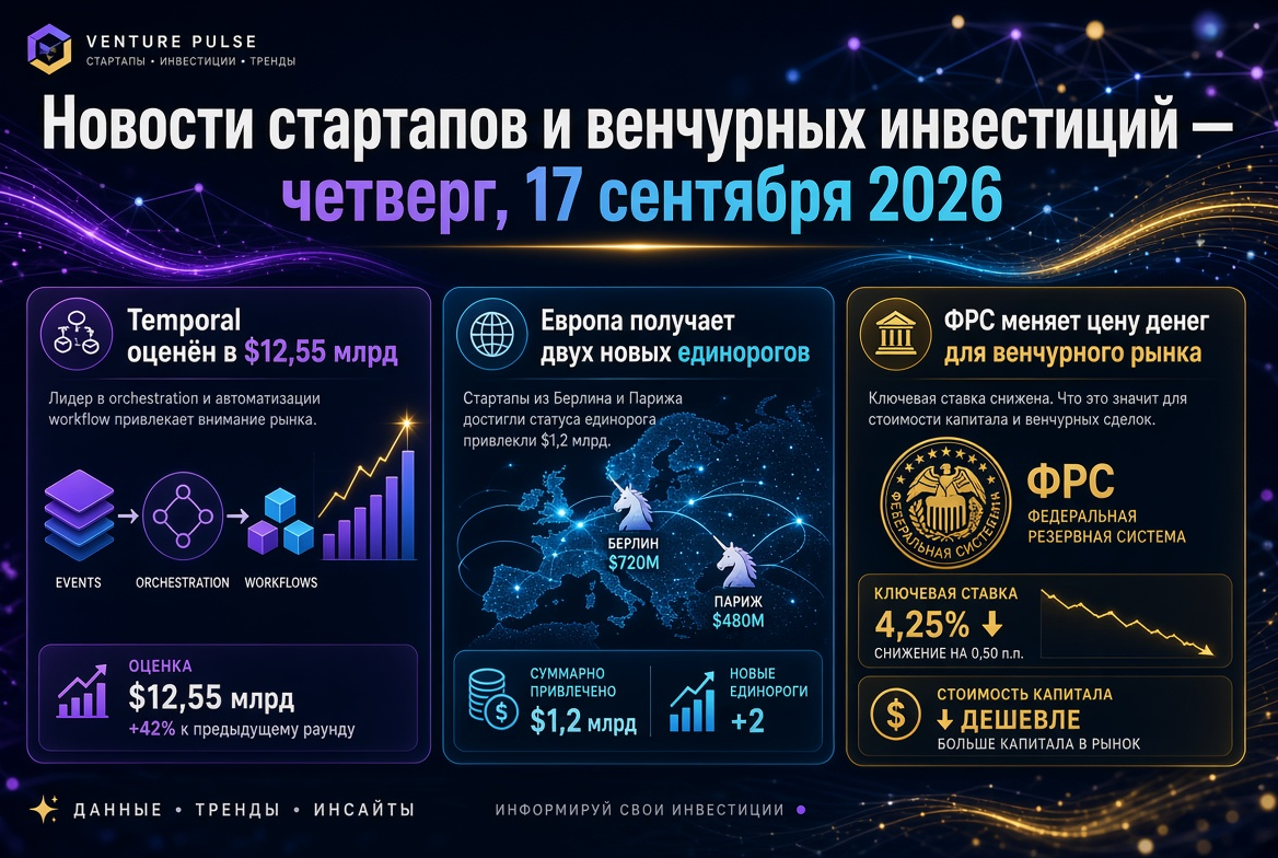 Nachrichten über Startups und Venture-Investitionen — Donnerstag, 17. September 2026: Temporal mit 12,55 Milliarden USD bewertet, Europa erhält zwei neue Einhörner, und die Fed ändert den Preis für Geld im Venture-Markt.