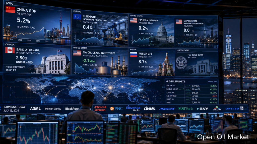 Weltmärkte am 15. Juli 2026: Chinas BIP, US-PPI, Bank von Kanada, EIA-Öllagerbestände und Berichte von ASML, Morgan Stanley und BlackRock