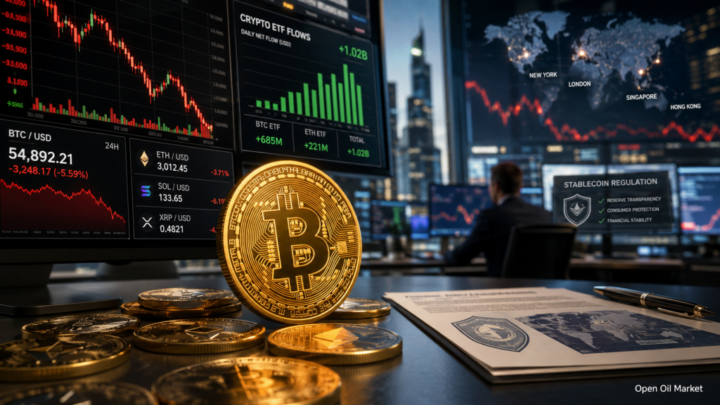 Kryptowährungsmarkt am 9. Juli 2026: Bitcoin unter Druck, Zuflüsse in ETFs, Ethereum, Solana, XRP und Regulierung von Stablecoins