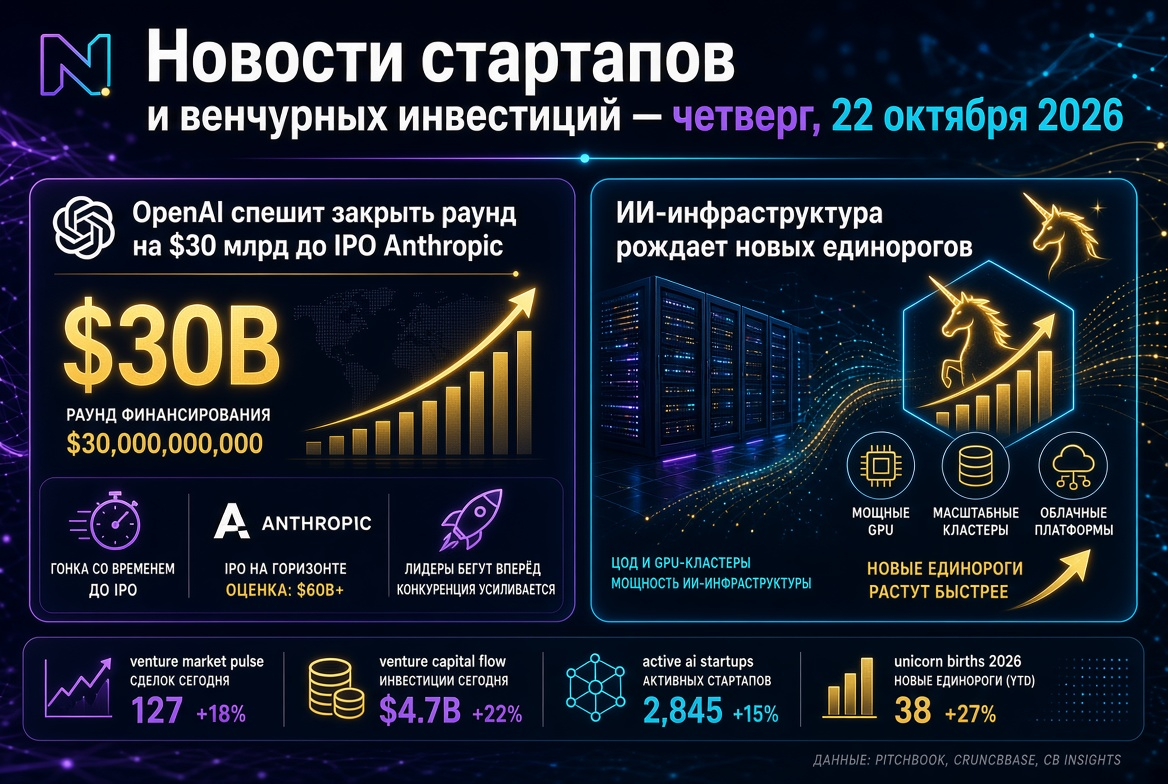 Nachrichten über Startups und Venture Capital — Donnerstag, 22. Oktober 2026: OpenAI beeilt sich, eine Runde über 30 Milliarden US-Dollar vor dem IPO von Anthropic abzuschließen, während die KI-Infrastruktur neue Einhörner hervorbringt.