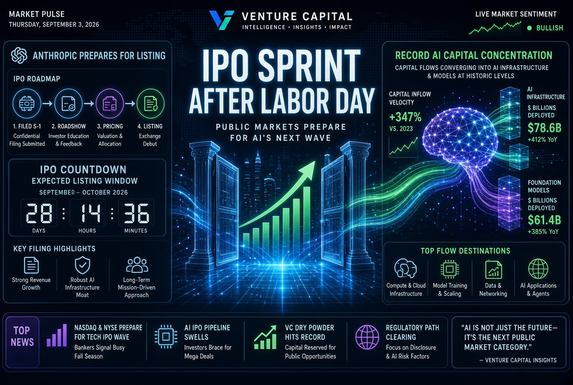 Nachrichten über Startups und Risikokapitalinvestitionen — Donnerstag, 3. September 2026: IPO-Sprint nach dem Feiertag, Vorbereitung von Anthropic auf den Listing und rekordverdächtige Konzentration von KI-Kapital