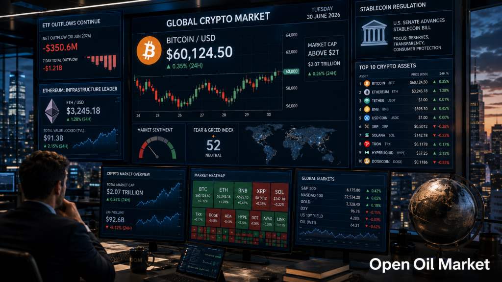 Kryptowährungsmarkt am 30. Juni 2026: Ethereum, Solana, XRP, BNB, USDT, USDC und ETF-Abflüsse